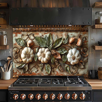 Tuscan Garlic Garden Tempered Glass Backsplash for Kitchen | Garlic & Leaf Backsplash