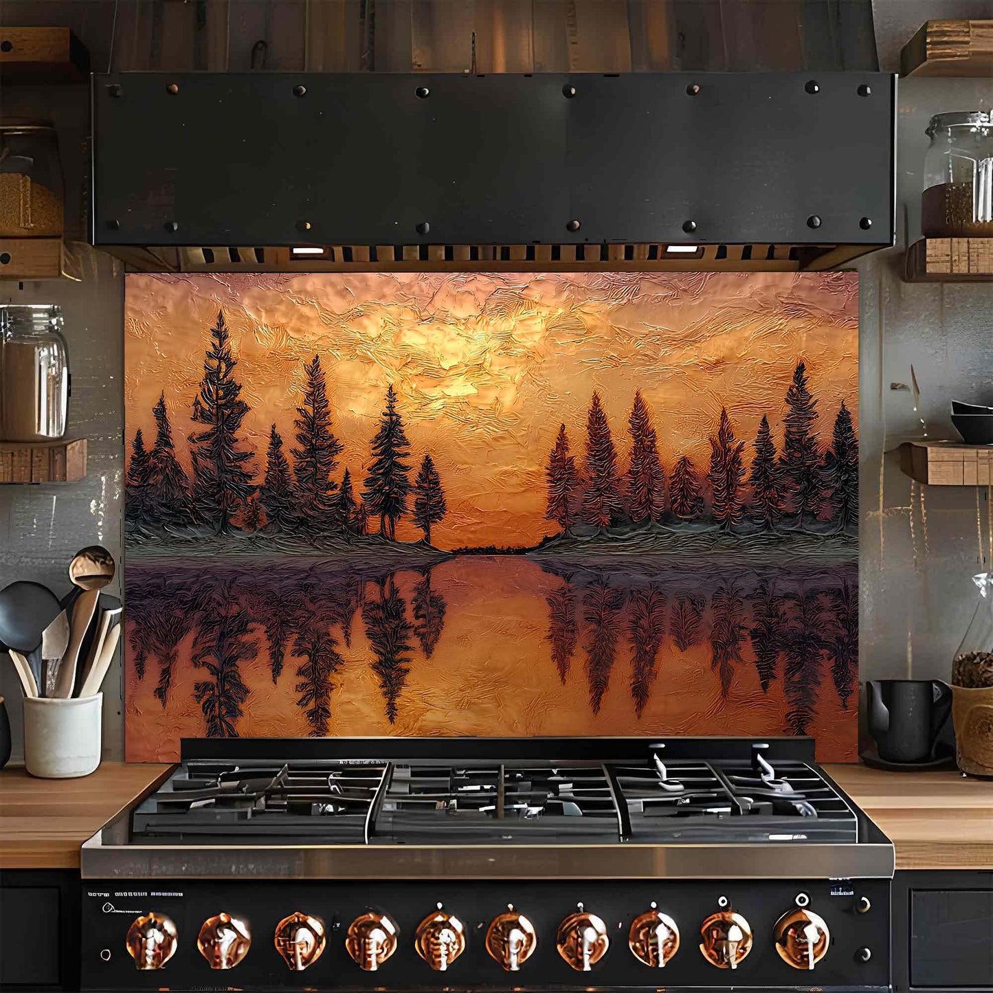 Sunset Reflection – Tempered Glass Backsplash for Kitchen – Copper Look Glass Backsplash