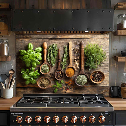 Herbal Harmony – Tempered Glass Backsplash for Kitchen Stove | Rustic Botanical Backsplash