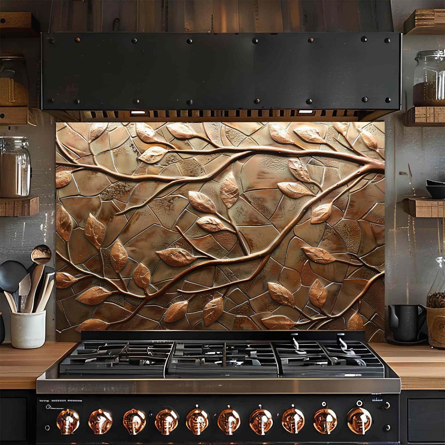 Bronze Branches – Tempered Glass Backsplash for Kitchen – Copper Look Glass Backsplash