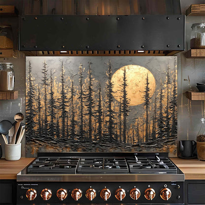 Golden Moonrise – Tempered Glass Backsplash for Stove | Dark Forest Silhouette Backsplash