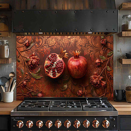 Pomegranate Bloom – Tempered Glass Backsplash | Red Fruit & Floral Kitchen Backsplash
