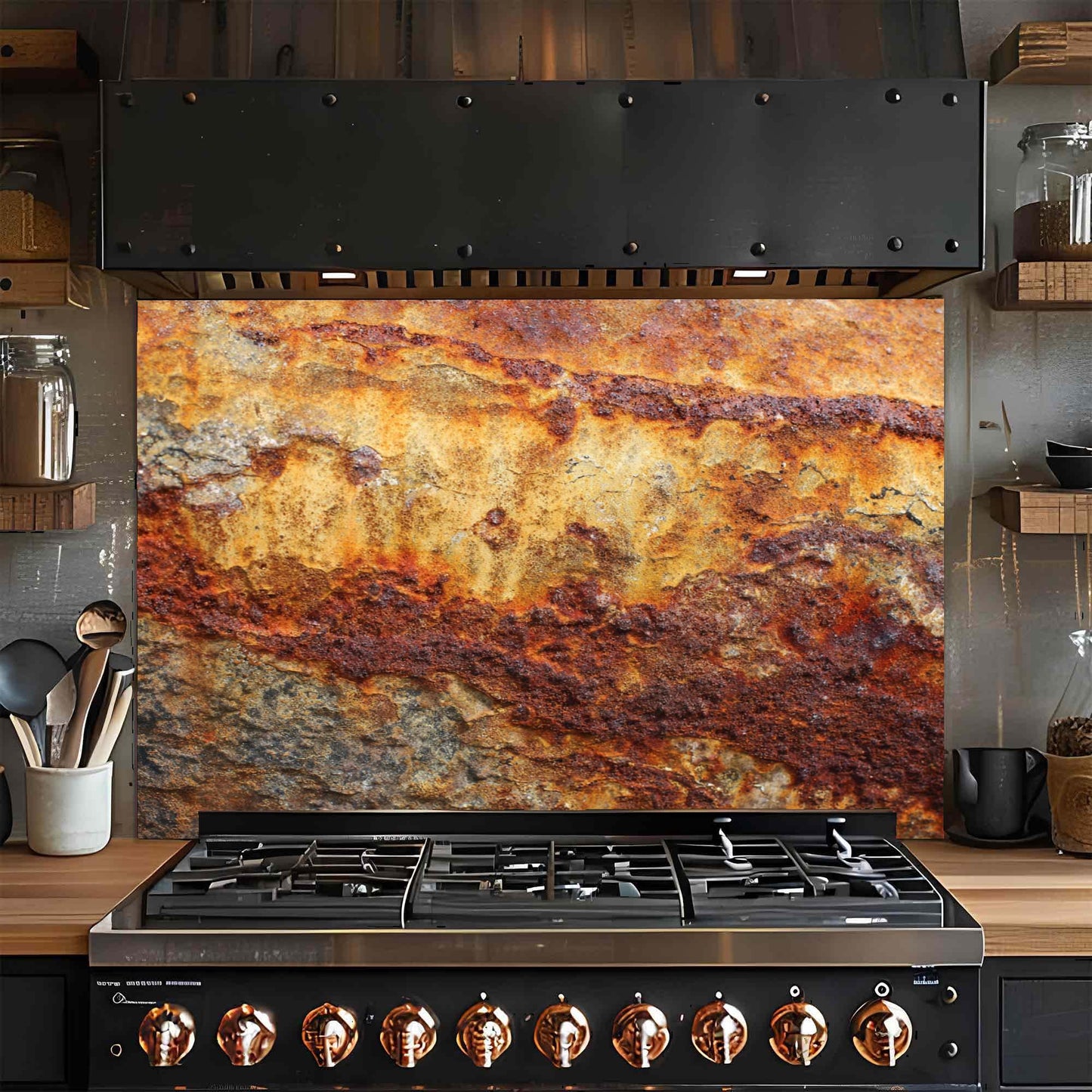 Rust Flow – Tempered Glass Backsplash | Industrial Abstract Copper Look Kitchen Backsplash