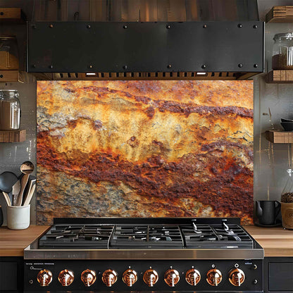 Rust Flow – Tempered Glass Backsplash | Industrial Abstract Copper Look Kitchen Backsplash