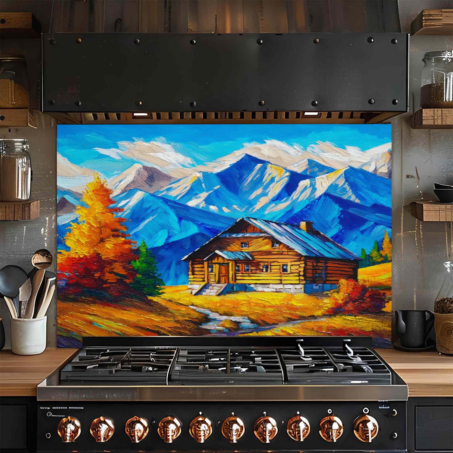 Mountain Cabin Glow – Tempered Glass Backsplash for Kitchen | Rustic Cabin Backsplash