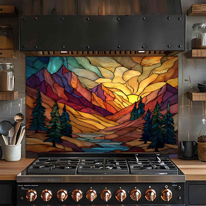 Stained Glass Mountain Sunrise Backsplash – Tempered Glass Backsplash for Kitchen