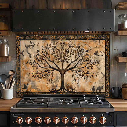 Golden Paws – Tempered Glass Backsplash for Kitchen | Tree of Life with Animals Backsplash