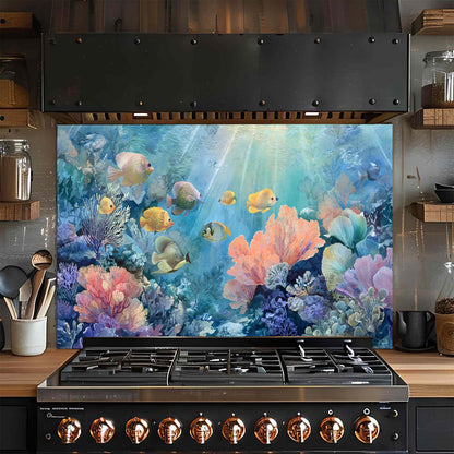 Aqua Garden – Tempered Glass Backsplash for Kitchen | Vibrant Ocean Fantasy Backsplash