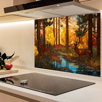Tempered Glass Backsplash for Kitchen | Woodland Deer & Autumn Trees Stained Glass Look