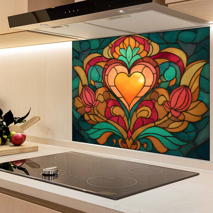 Tempered Glass Backsplash for Kitchen | Stained Glass Heart and Tulip Design