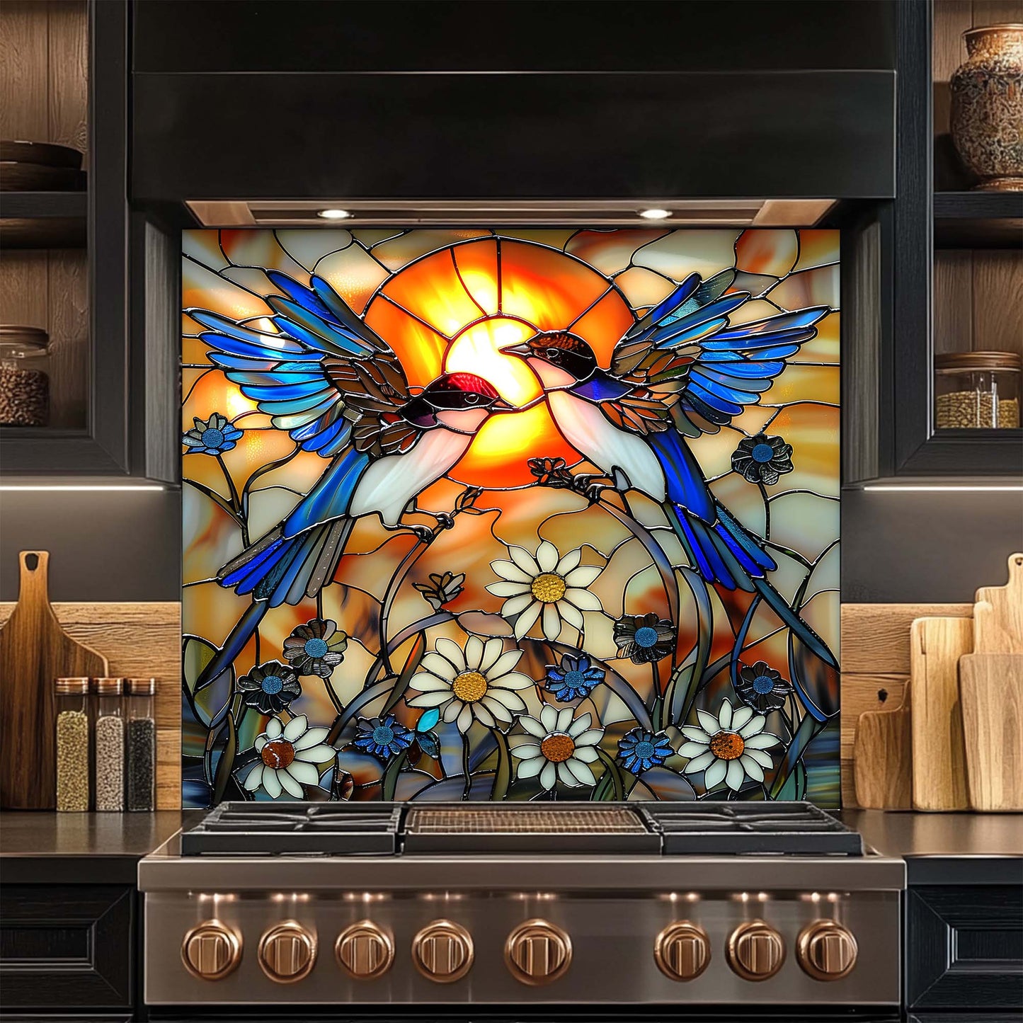 Sunset Song – Tempered Glass Backsplash for Kitchen Stove | Stained Glass Birds Backsplash
