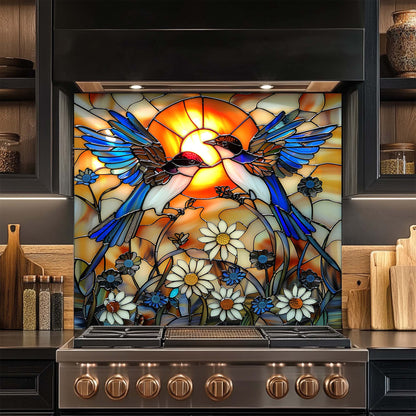 Sunset Song – Tempered Glass Backsplash for Kitchen Stove | Stained Glass Birds Backsplash