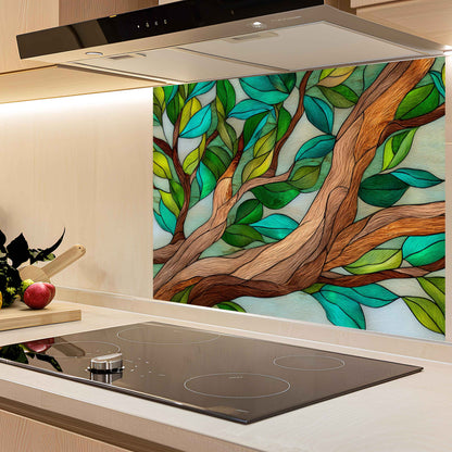 Forest Embrace – Tempered Glass Backsplash for Kitchen | Nature-Inspired Stained Glass