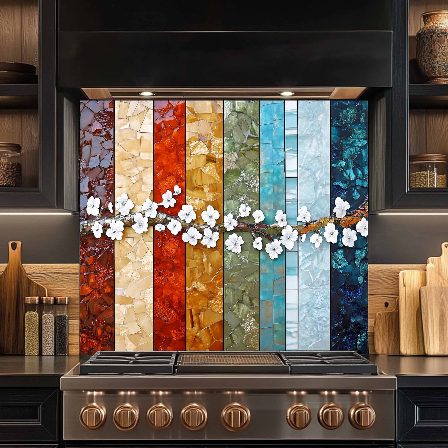 Glass Kitchen Backsplash – Blossom Spectrum Mosaic With Cherry Flower Branch