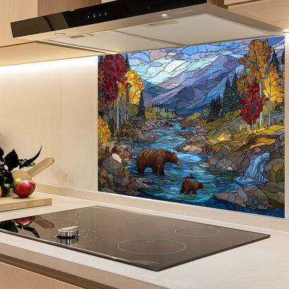 Autumn River – Tempered Glass Backsplash With Bear Family And Fall Trees
