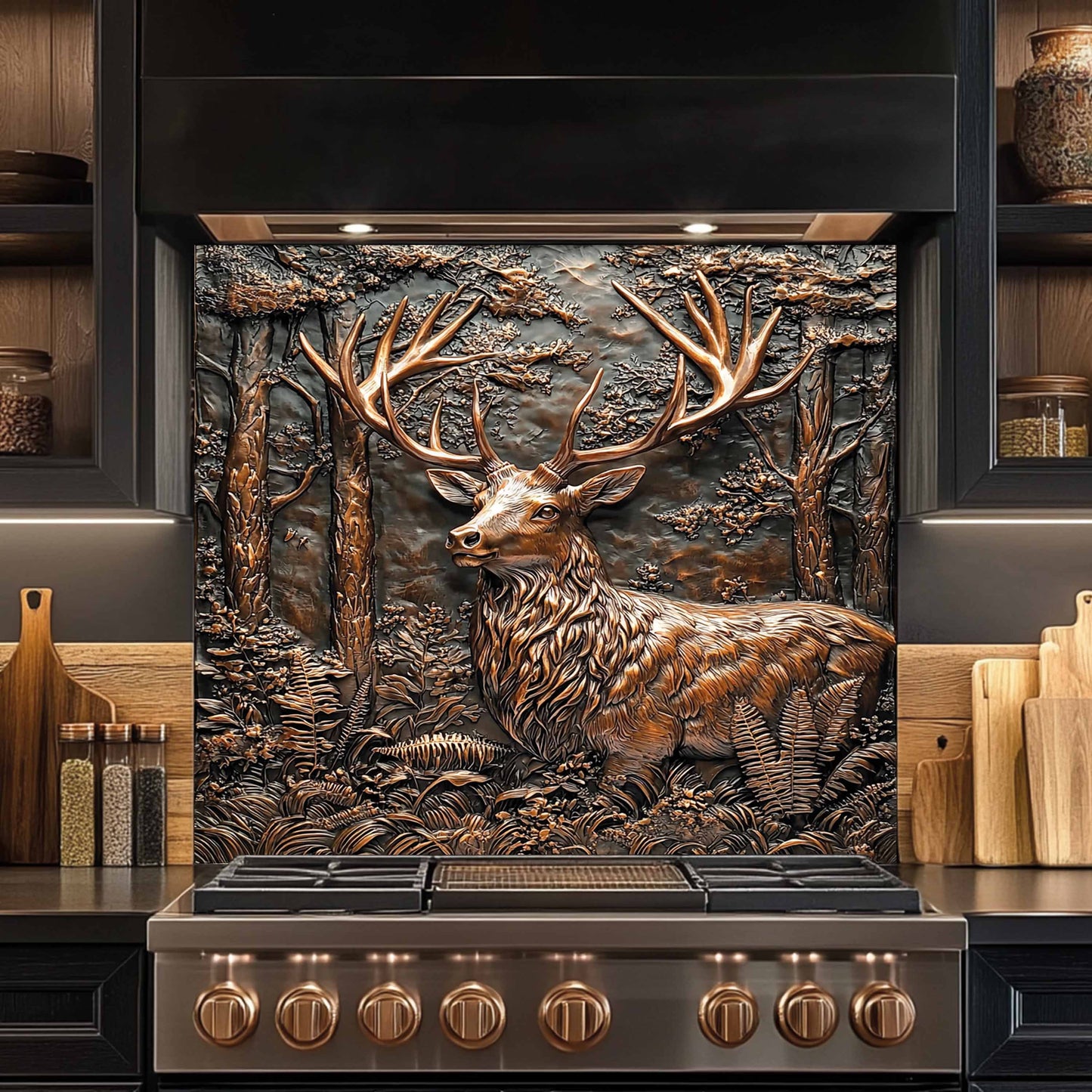 Copper Look Deer Tempered Glass Backsplash – Kitchen Backsplash for Farmhouse, Lodge and Cabin
