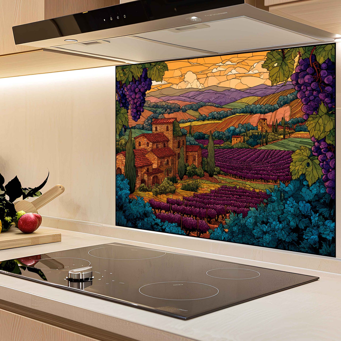 Tempered Glass Backsplash for Kitchen | Tuscan Vineyard & Sunset Countryside Scene