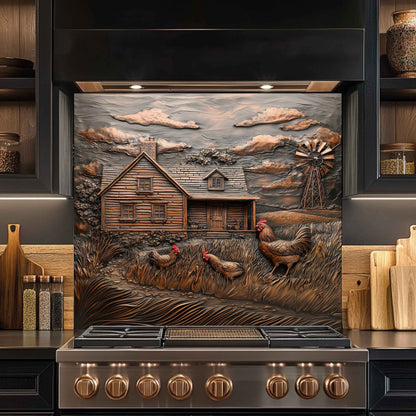 Copper Look Tempered Glass Backsplash for Kitchen | Rustic Cabin, Rooster & Windmill Design