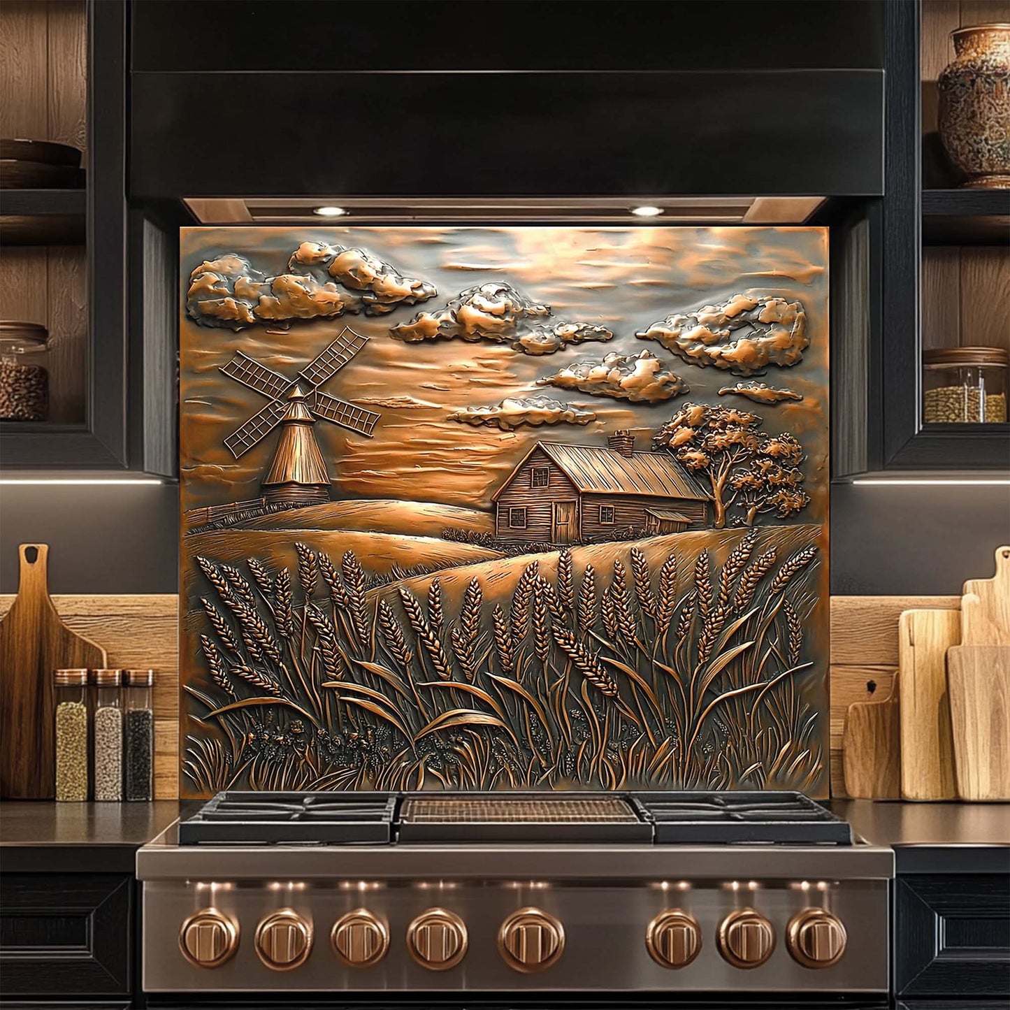Golden Harvest – Copper Look Tempered Glass Backsplash with Farmhouse Scene