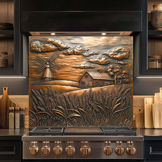 Golden Harvest – Copper Look Tempered Glass Backsplash with Farmhouse Scene