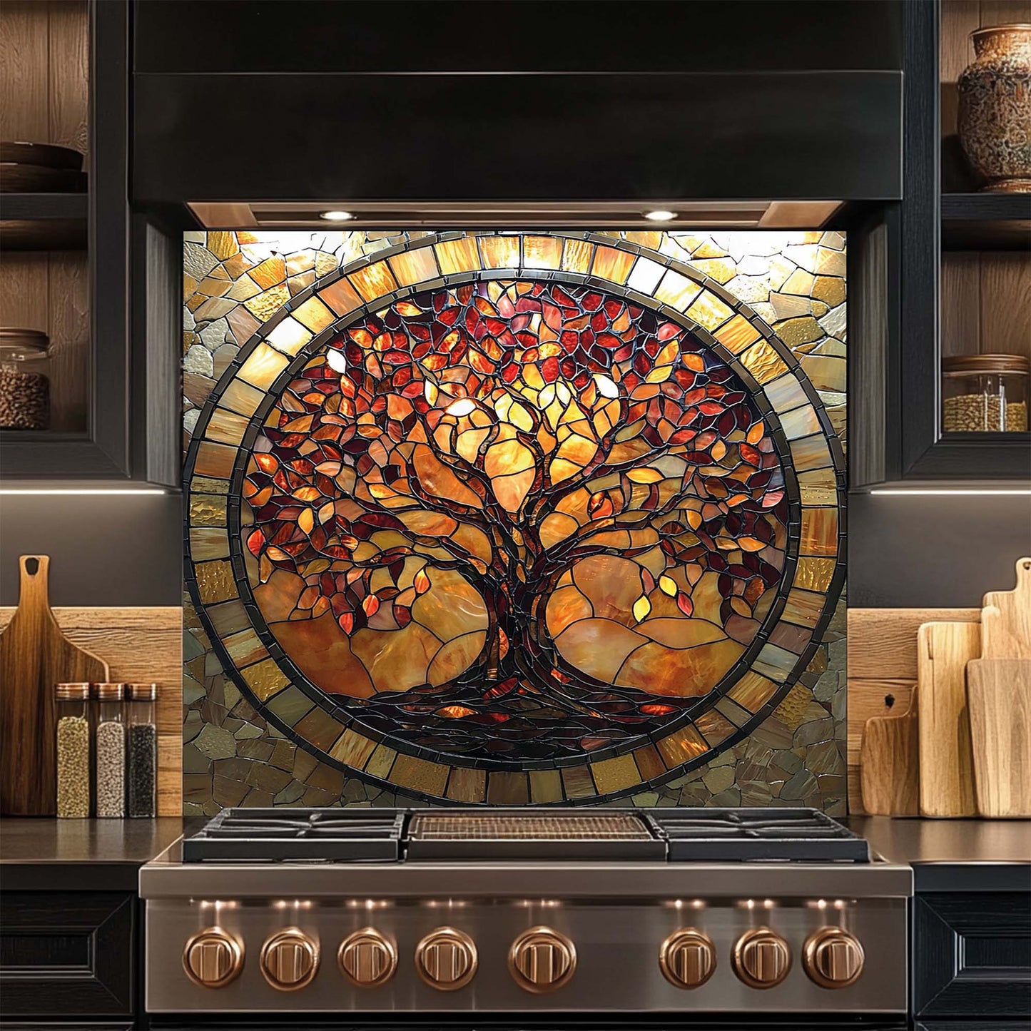 Amber Radiance – Tempered Glass Backsplash for Stove | Tree of Life Mosaic Style Backsplash