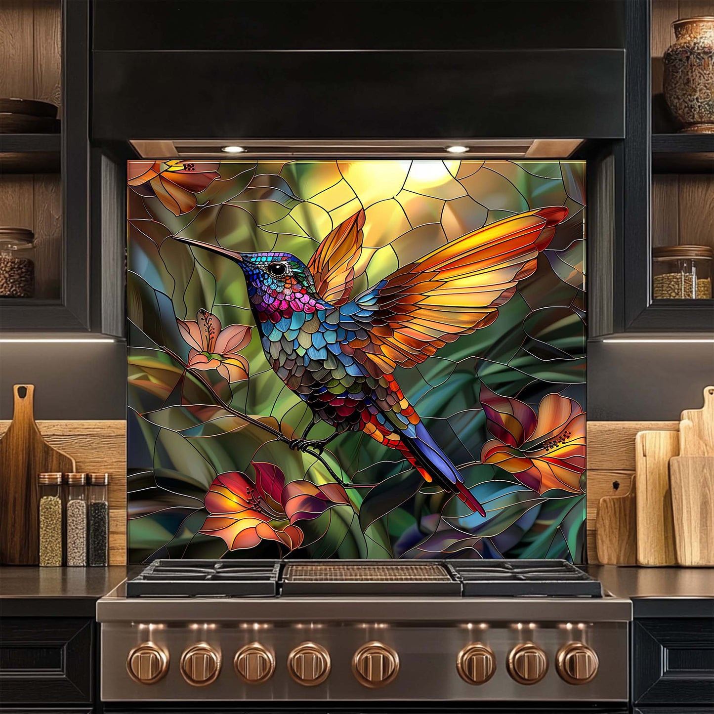 Tropical Hummingbird – Tempered Glass Backsplash for Kitchen | Colorful Bird Backsplash