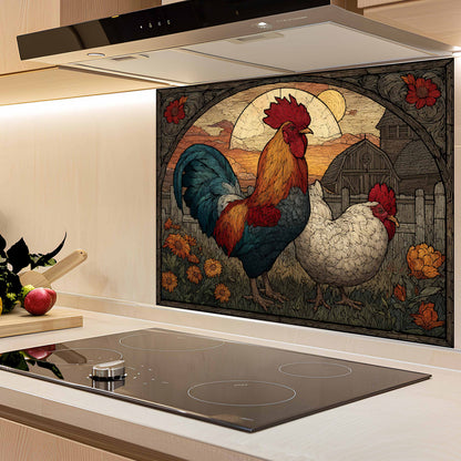 Tempered Glass Backsplash for Kitchen | Vintage Rooster and Hen Farm Design