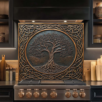 Timeless Root – Tempered Glass Backsplash for Stove | Tree of Life Copper Look Backsplash