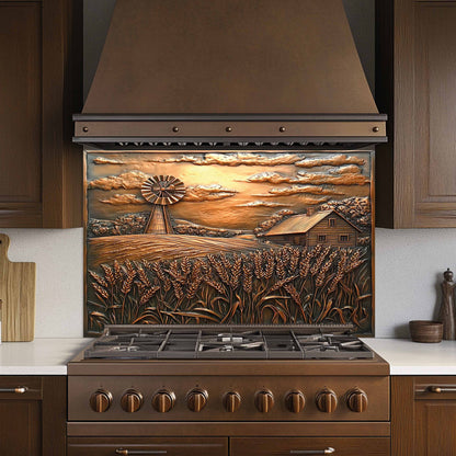 Golden Harvest Tempered Glass Backsplash – Copper Look Farmhouse Scene for Rustic Kitchen Backsplash