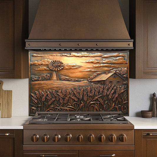 Golden Harvest Tempered Glass Backsplash – Copper Look Farmhouse Scene for Rustic Kitchen Backsplash