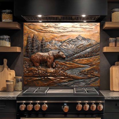 Bronze Grizzly Tempered Glass Backsplash – Mountain Bear Kitchen Backsplash Panel