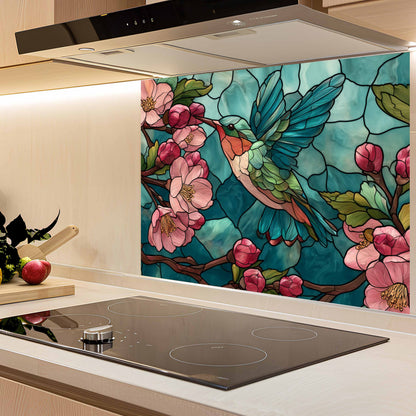 Blossom Nectar – Tempered Glass Kitchen Backsplash with Hummingbird