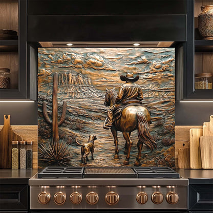 Desert Gaze – Tempered Glass Backsplash with Cowboy, Dog, and Canyon View