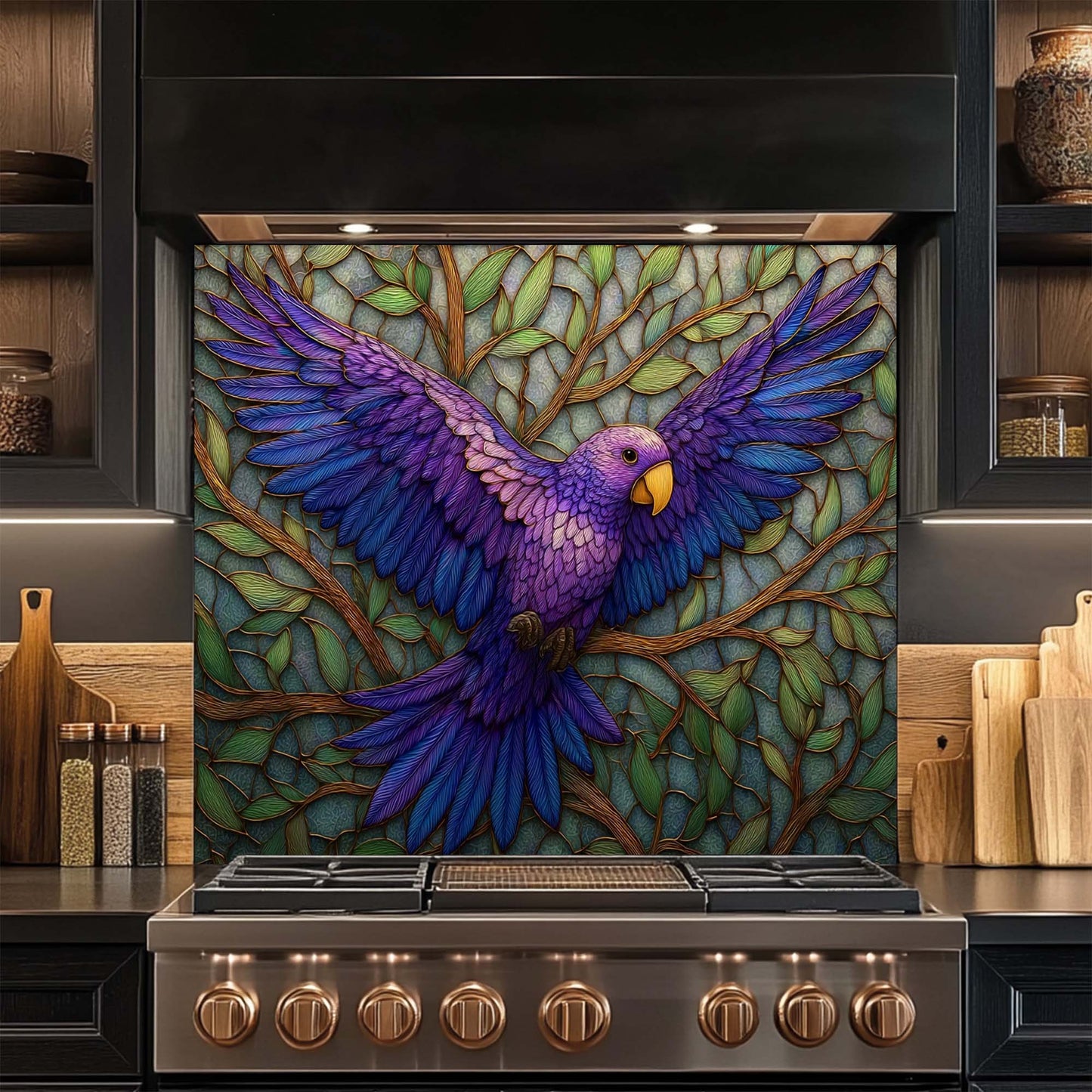 Violet Flight – Tempered Glass Backsplash for Kitchen Stove | Purple Bird Mosaic Backsplash