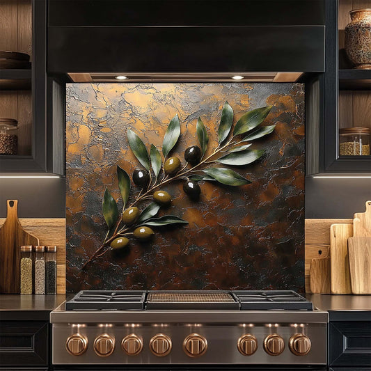 Olive Harmony – Tempered Glass Backsplash for Kitchen Stove | Rustic Olive Branch Backsplash