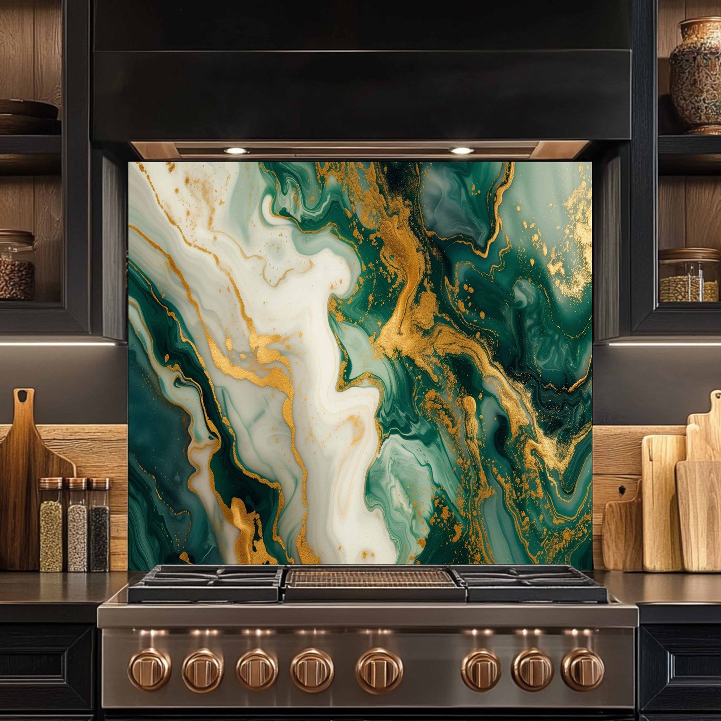 Glass Kitchen Backsplash – Green Gold Cream Fluid Marble Panel
