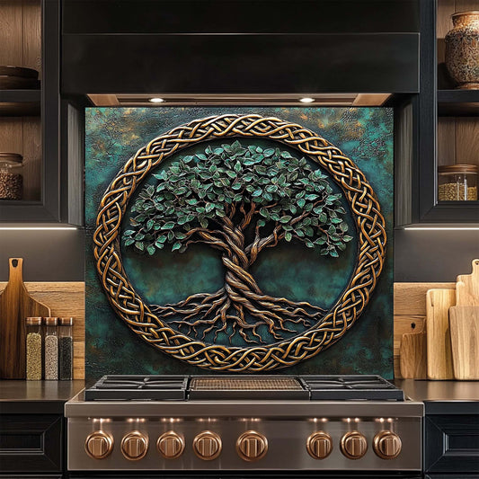 Verdant Embrace – Tree of Life Tempered Glass Backsplash | Copper Look Kitchen Backsplash