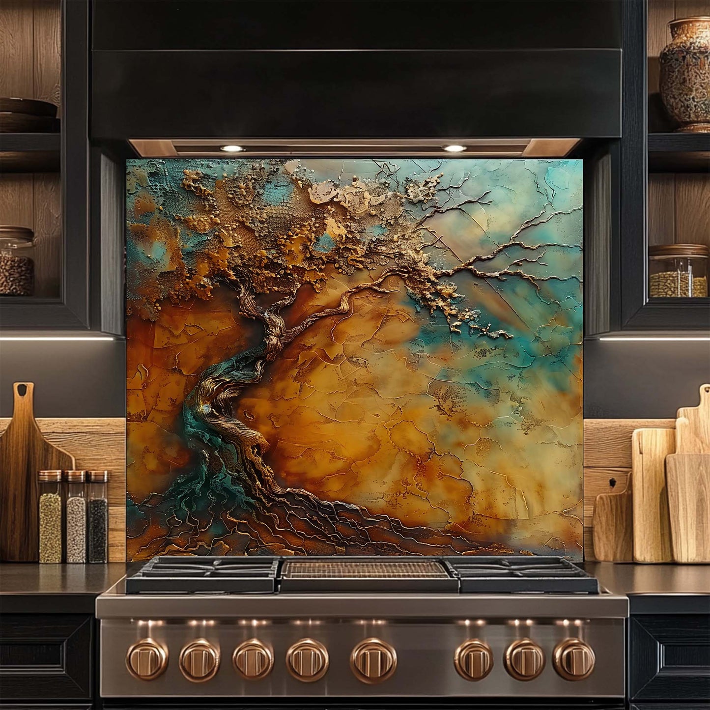 Bronze Spirit – Tempered Glass Backsplash for Kitchen Stove | Tree of Life Backsplash