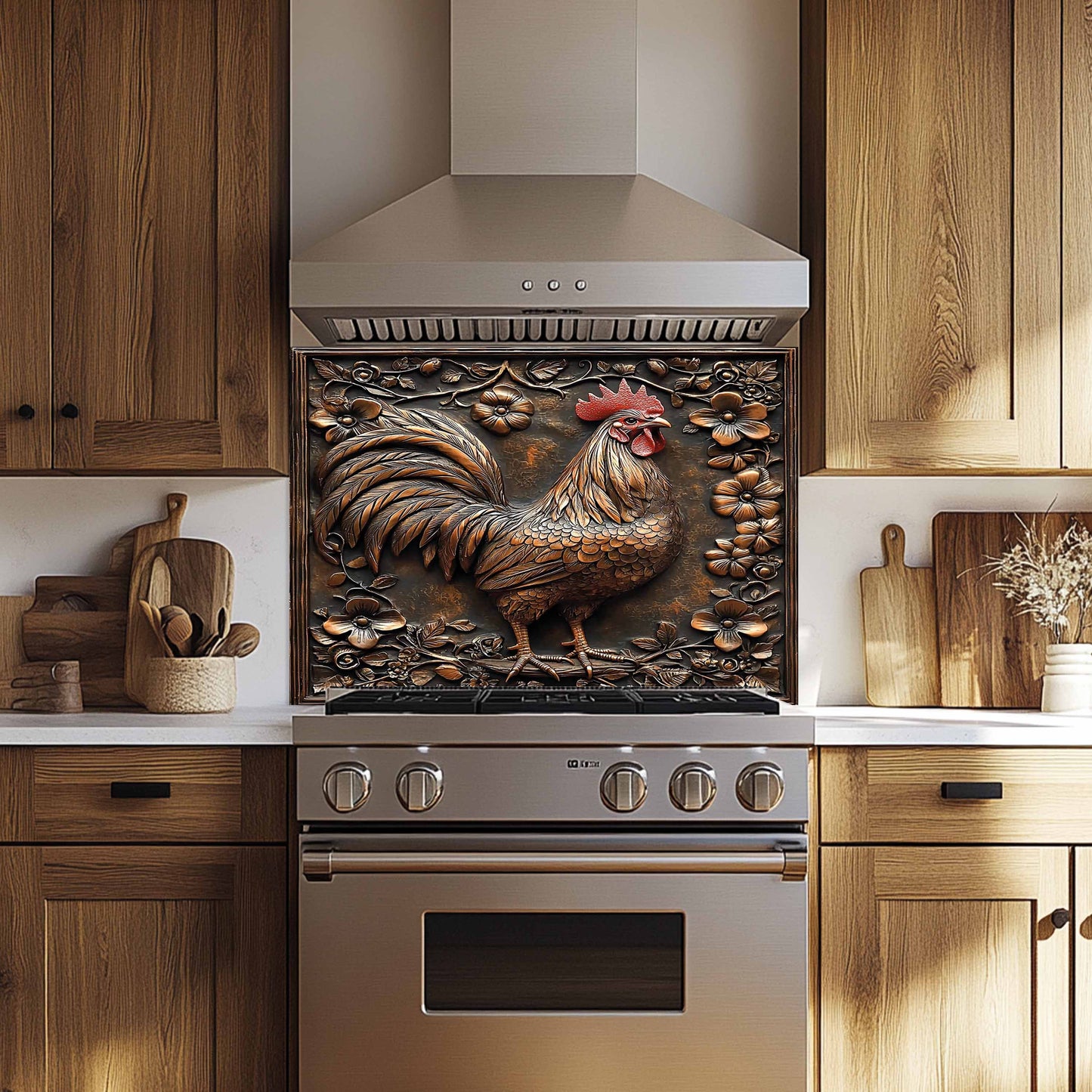 Copper Look Rooster Tempered Glass Backsplash – Farmhouse Kitchen Backsplash