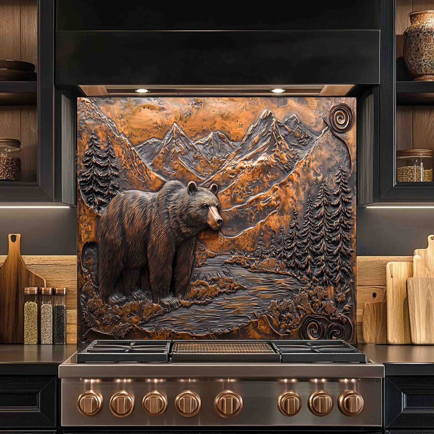 Rustic Style Tempered Glass Backsplash – Bear and Mountain River Kitchen Panel