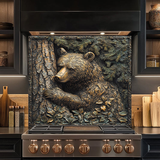Forest Hug – Tempered Glass Backsplash for Rustic Kitchen | Bear & Pine Tree Copper Look