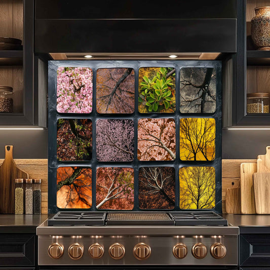 Seasonal Canopy – Tempered Glass Backsplash for Kitchen | Floral Tree Silhouette Abstract