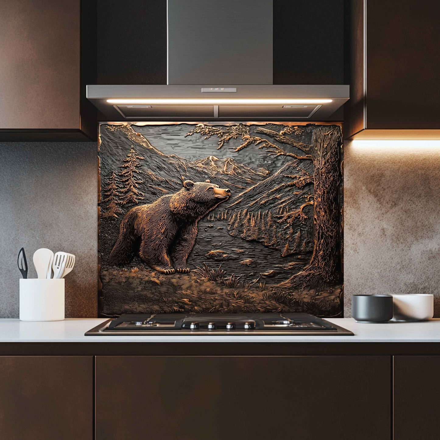 Mountain Whisper Tempered Glass Backsplash – Bear in Forest Kitchen Backsplash Panel