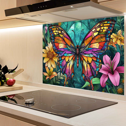 Tempered Glass Backsplash for Kitchen | Colorful Butterfly & Floral Stained Glass Design