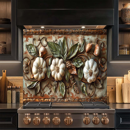 Tuscan Garlic Garden Tempered Glass Backsplash for Kitchen | Garlic & Leaf Backsplash