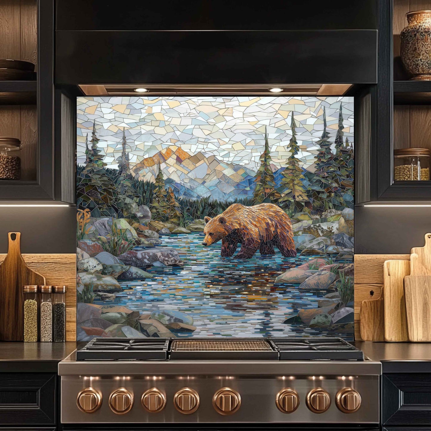 Mosaic Look Creek Tempered Glass Backsplash – Artistic Bear & River Scene