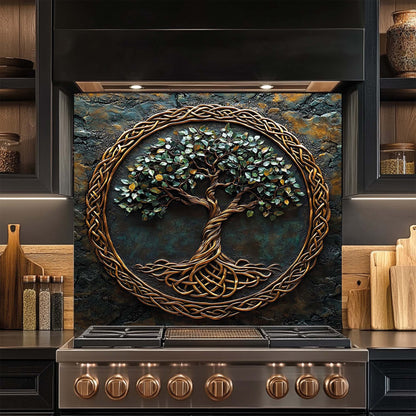 Golden Canopy – Tree of Life Tempered Glass Backsplash | Celtic Copper Look Backsplash
