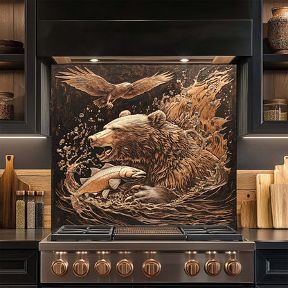 Wild Hunt – Tempered Glass Backsplash for Kitchen Stove | Bear Catching Fish in River Scene