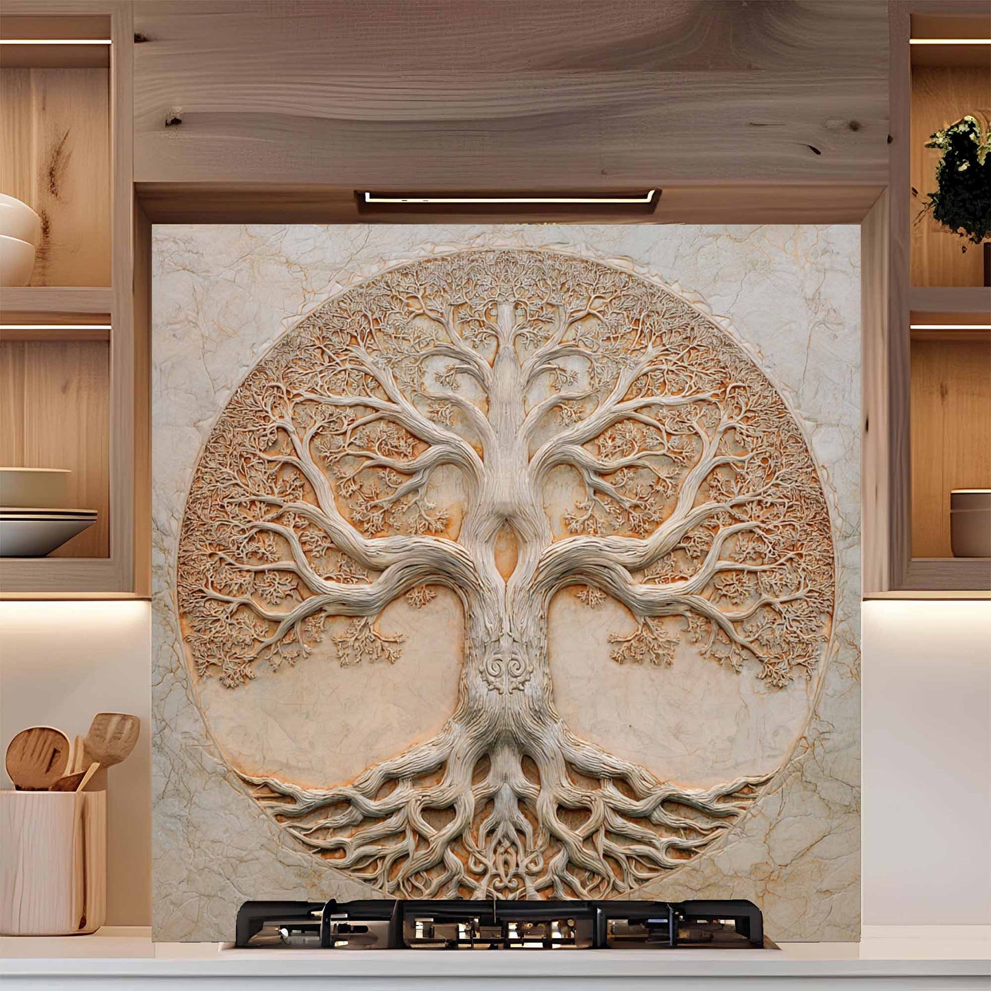 Circle Harmony Tempered Glass Backsplash – Tree of Life Kitchen Backsplash