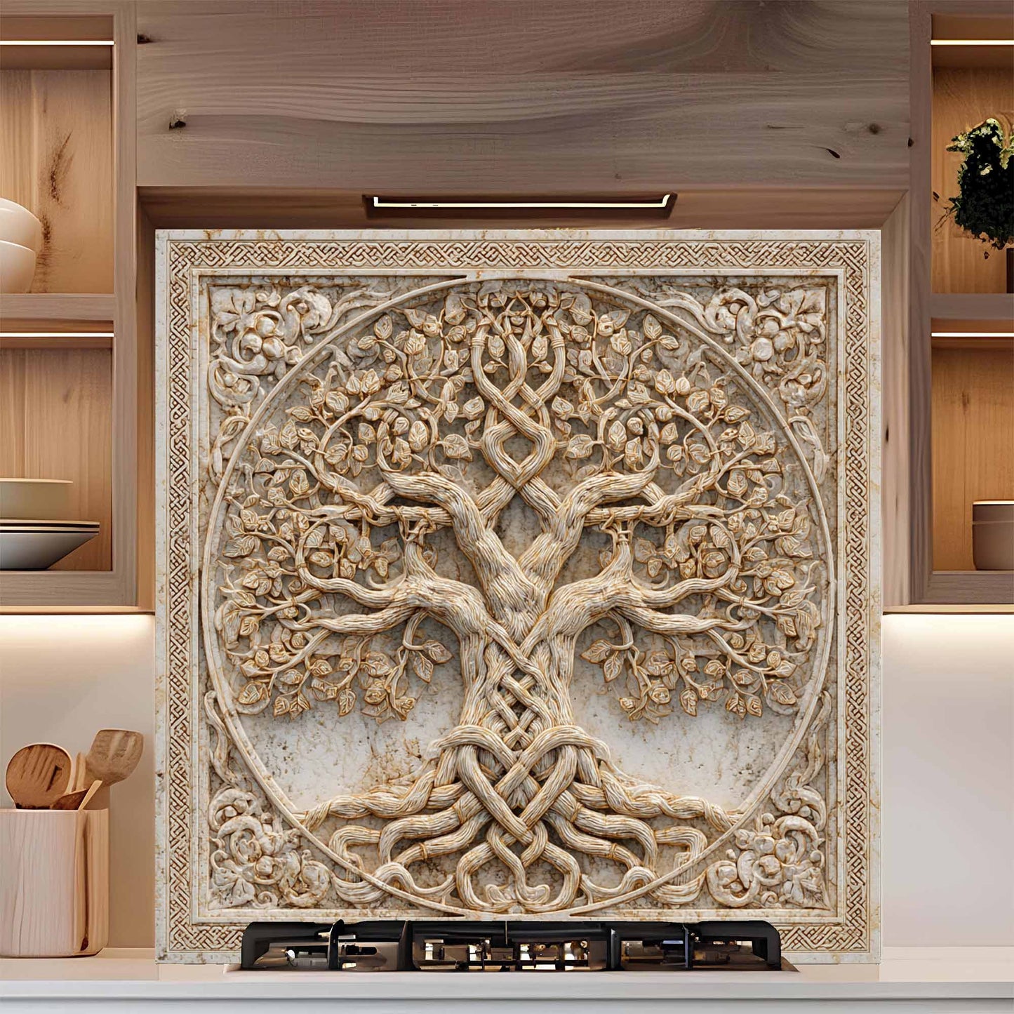 Twin Roots Tempered Glass Backsplash – Tree of Life Kitchen Backsplash